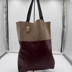 H&M Two Tone Leather Suede Tote Bag Burgundy Tan Open Top Shoulder Bag